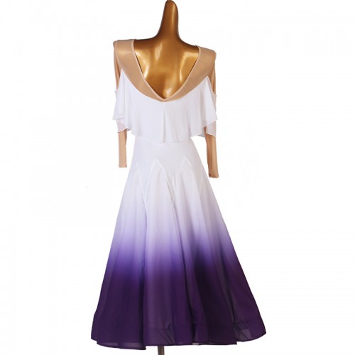 White with violet gradient colored ballroom dance dresses for women girls long sleeves ruffles neck competition waltz tango dance foxtrot long dress for lady
